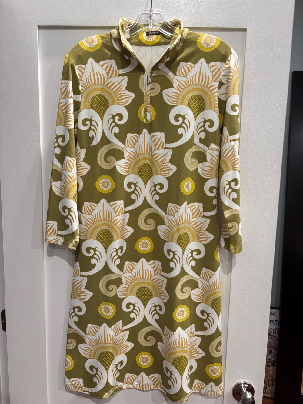 J. McLaughlin Olive, White & Yellow Floral Quarter-Zip Long Sleeve Dress
